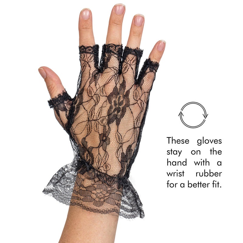 Skeleteen Fingerless Lace Black Gloves - Ladies and Girls Ruffled Lace Finger Free Bridal Wrist Gloves - Image 5